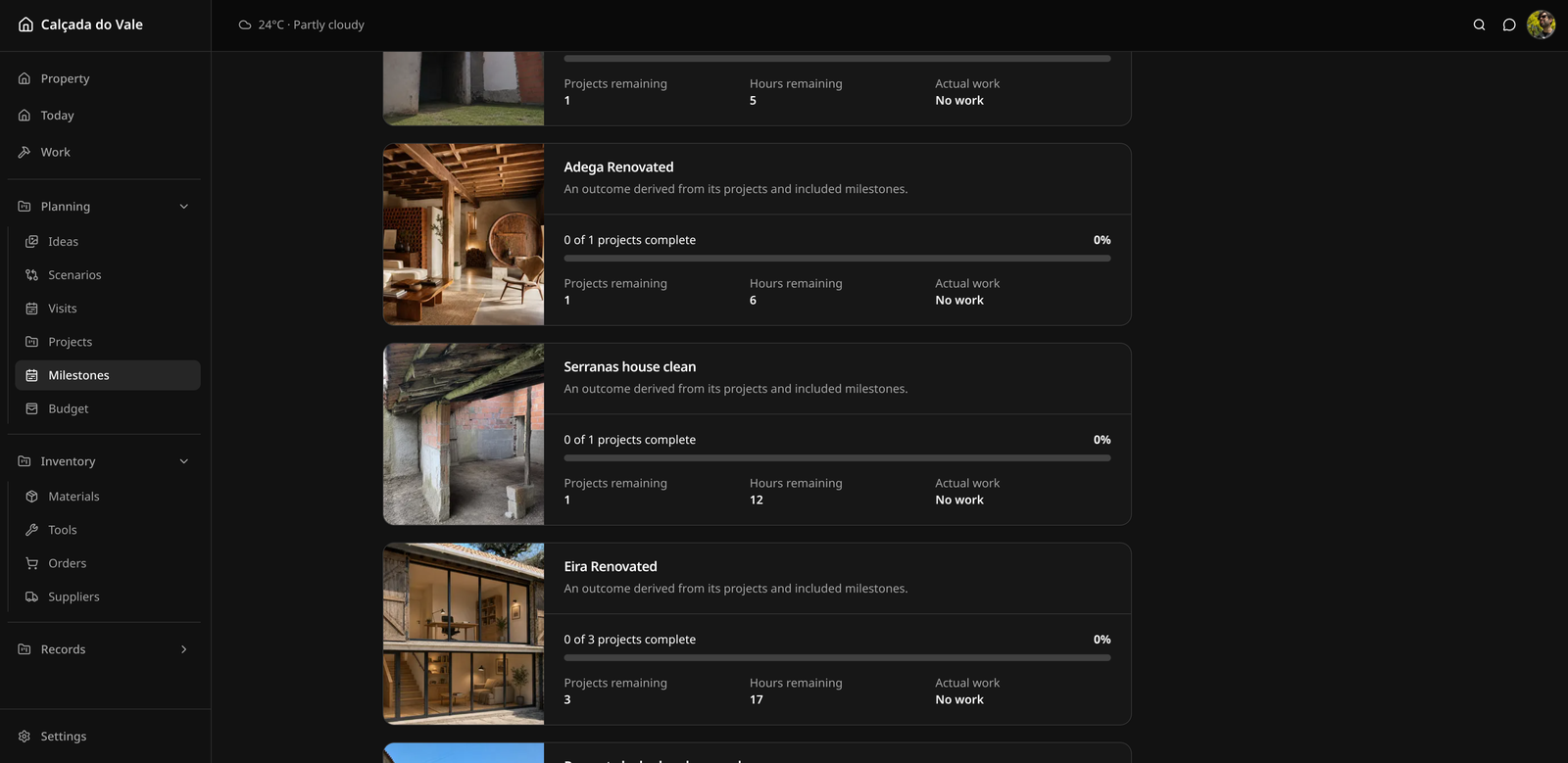 Screenshot of the milestones page