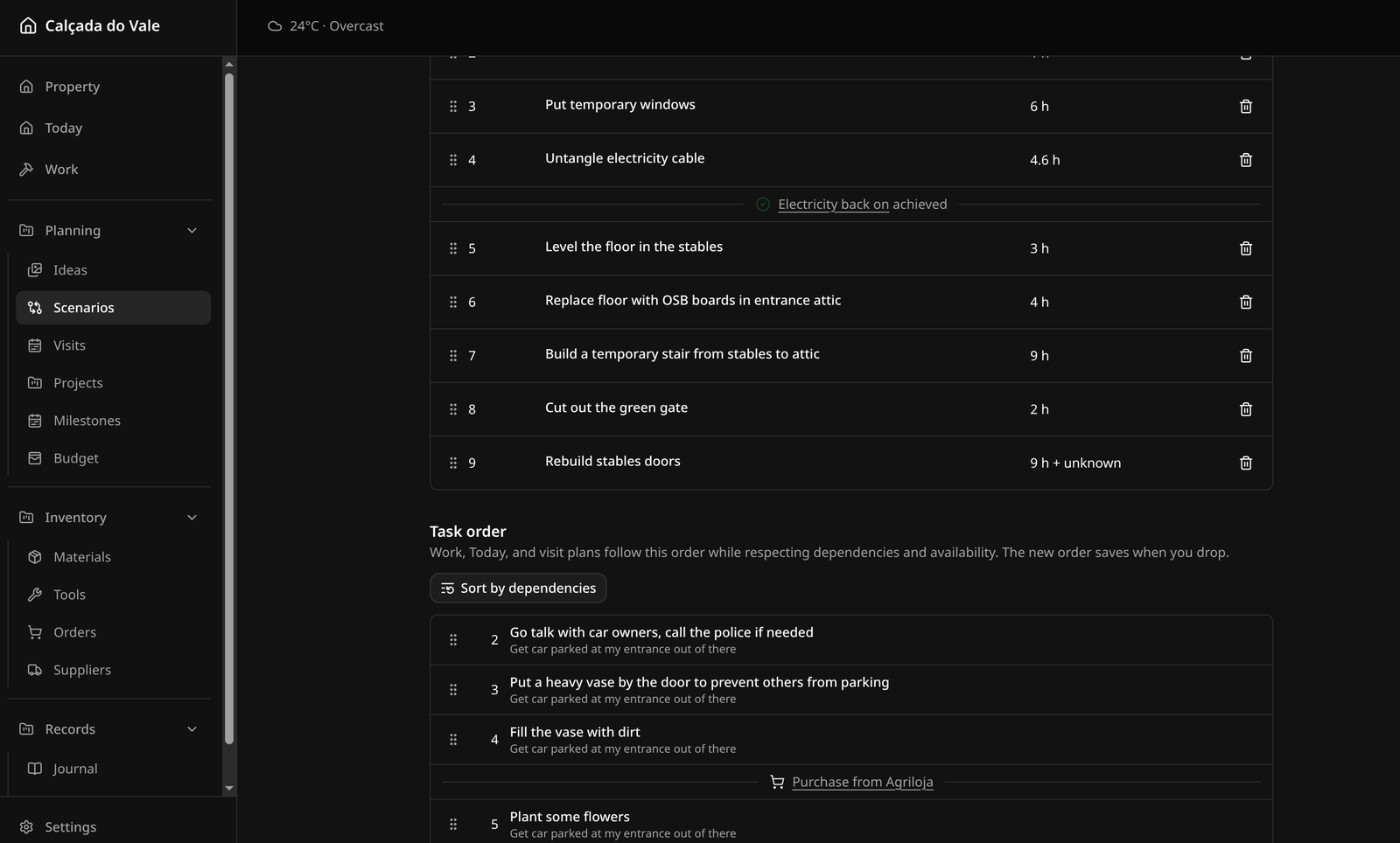 Screenshot of scenarios