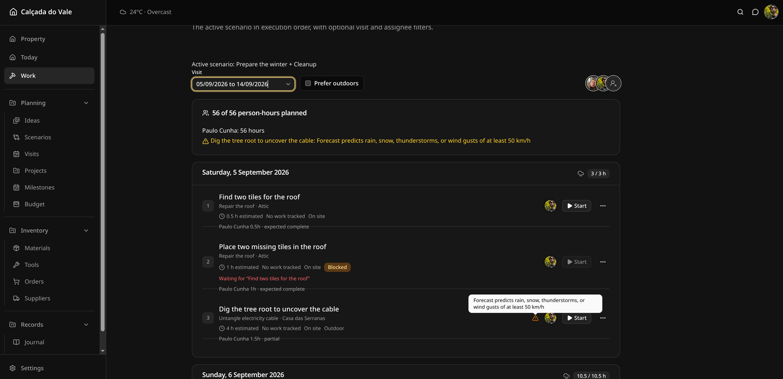Screenshot of a visit page with weather warning.
