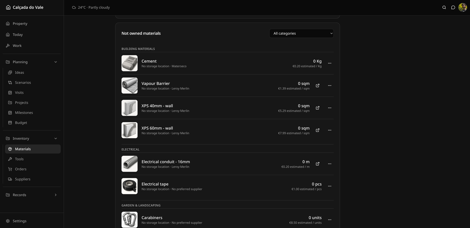 Screenshot of the materials page