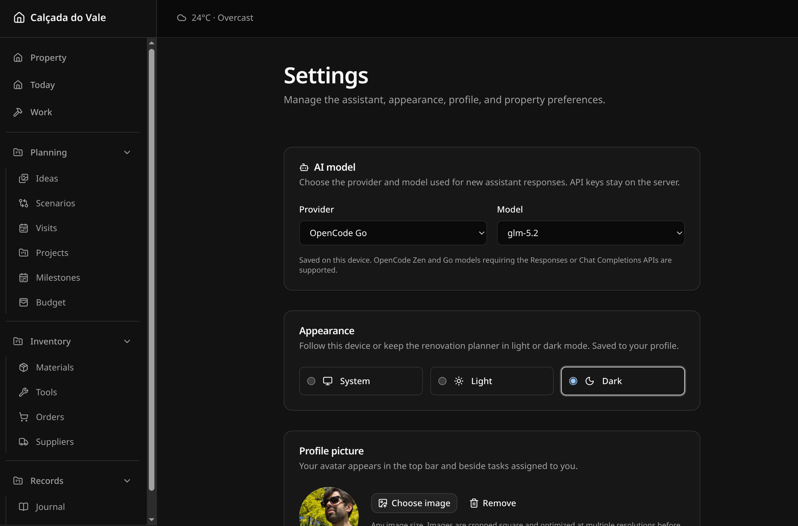 Screenshot of the settings